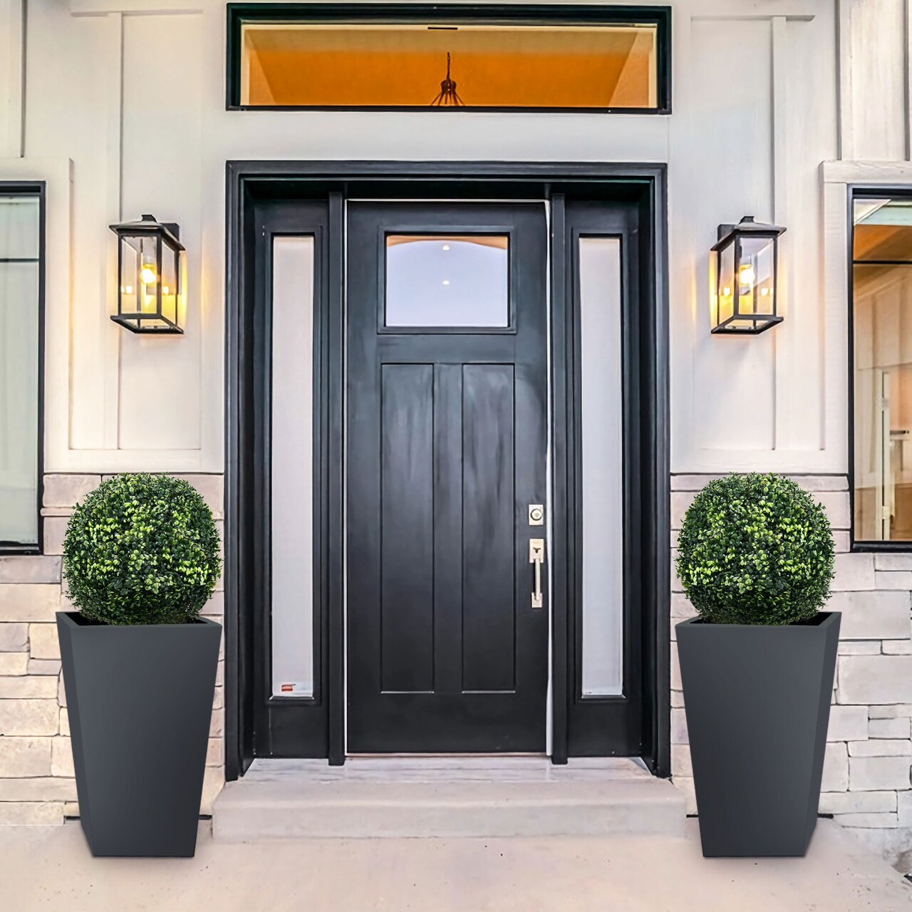 Set of 2 Green Decorative Ball Tree Faux Plant with Heavy Cement Base for Office Balcony Porch